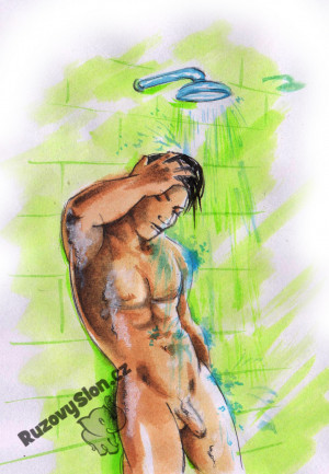 Egy férfi a zuhany alatt anális dugóval maszturbál.