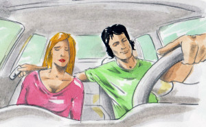 A pár az autóban vezet.
