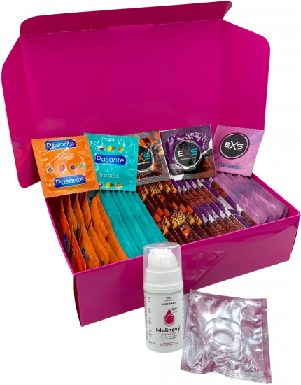 E-shop Súprava ochutených kondómov – Tasty pack (72 ks) + SE malinový lubrikačný gél 15 ml + erekčný krúžok