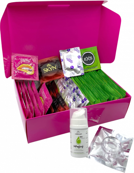E-shop Súprava vrúbkovaných kondómov – Stimulation pack (72 ks) + SE hrejivý lubrikačný gél 15 ml + erekčný krúžok + darček SKYN 5 Senses kondómy