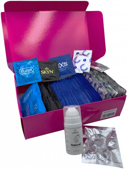 E-shop Súprava klasických kondómov - Basic pack (72 ks) + SE natural lubrikačný gél 15 ml + erekčný krúžok + darček SKYN 5 Senses kondómy
