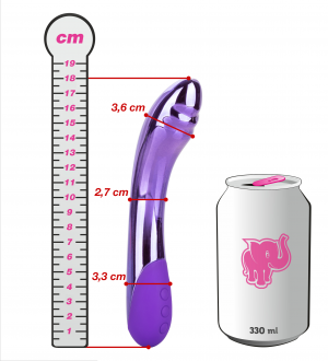 Purple Lightning műanyag vibrátor, méretek egy dobozhoz képest
