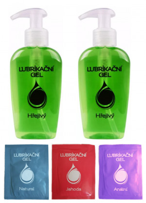 Hřejivý lubrikační gel (2 ks x 130 ml) + vzorky (3 ks x 3 ml)