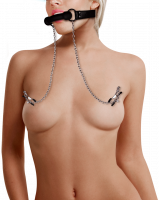 Silikonový roubík se svorkami na bradavky Kinky Game