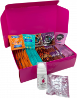 Sada ochucených kondomů – Tasty pack (72 ks) + SE malinový lubrikační gel 15 ml + erekční kroužek + dárek SKYN 5 Senses kondomy