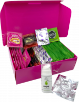 Sada vroubkovaných kondomů – Stimulation pack (72 ks) + SE hřejivý lubrikační gel 15 ml + erekční kroužek + dárek SKYN 5 Senses kondomy