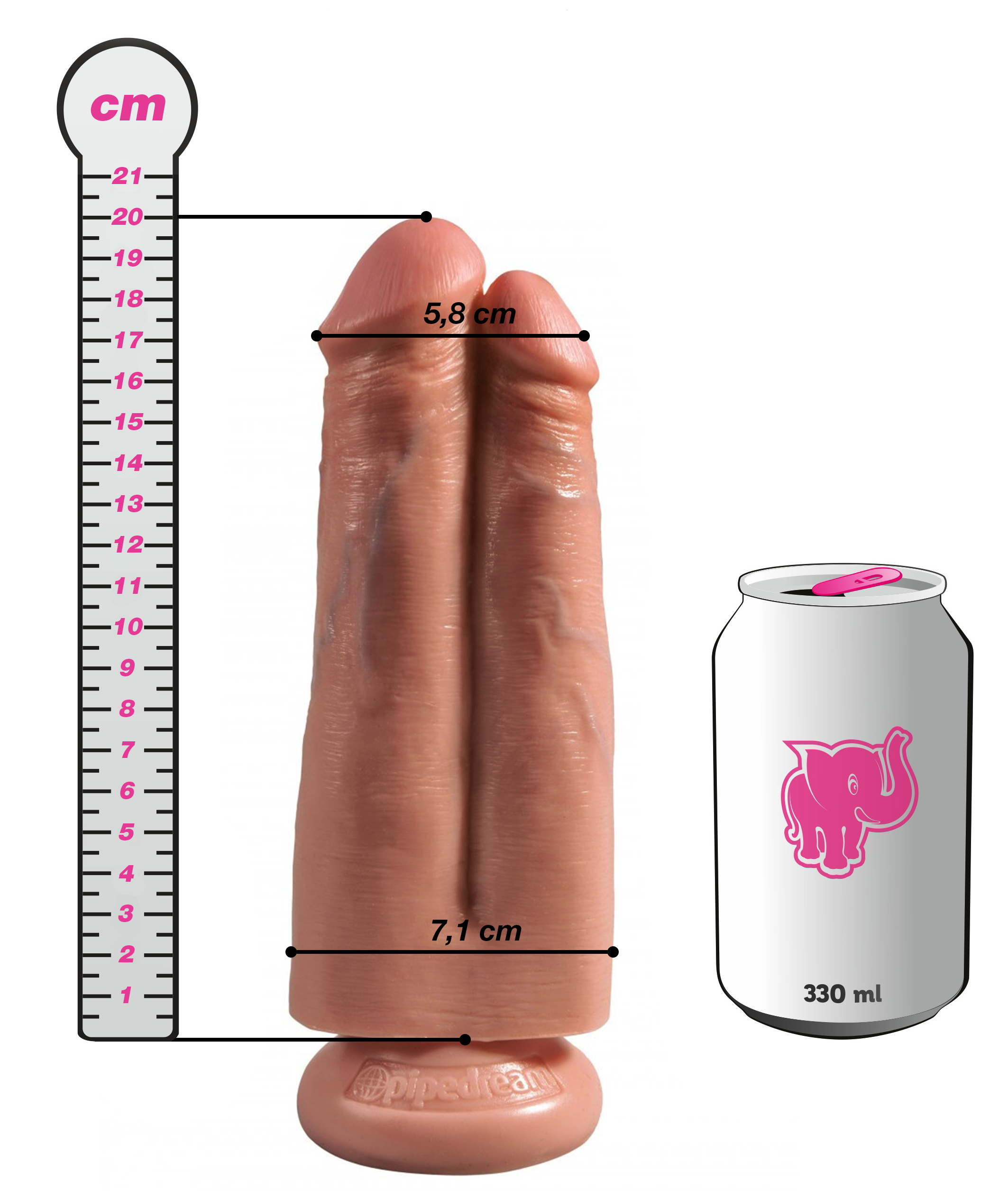 Připínací penis King Cock Double (20cm), rozměry v porovnání s plechovkou